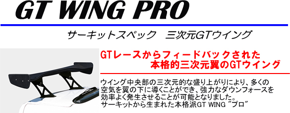 GT WING PRO[サーキットスペック　三次元GTウイング]【GTレースからフィードバックされた　本格的三次元翼のGTウイング】ウイング中央部の三次元的な盛り上がりにより、多くの空気を翼の下に導くことができ、強力なダウンフォースを効率よく発生させることが可能になりました。サーキットから生まれた本格派GT WING”プロ”